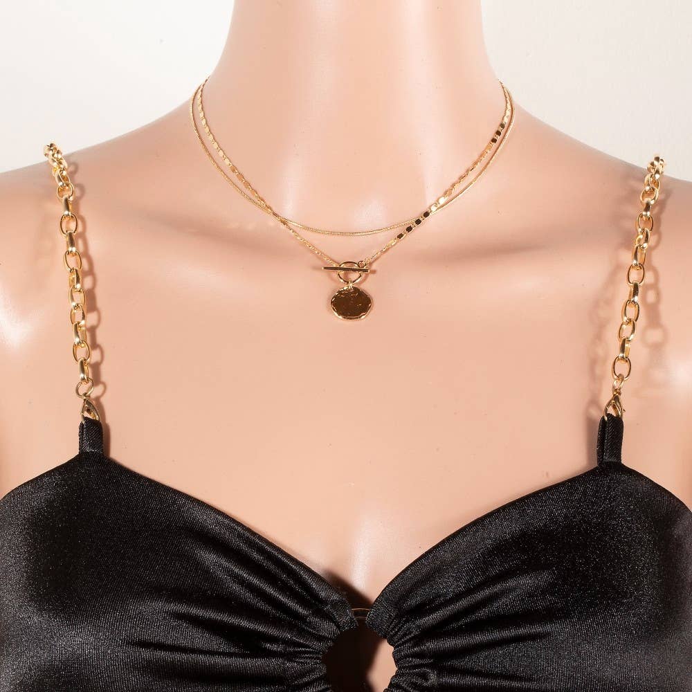 Coin Pendant Toggle Chain Layered Necklace