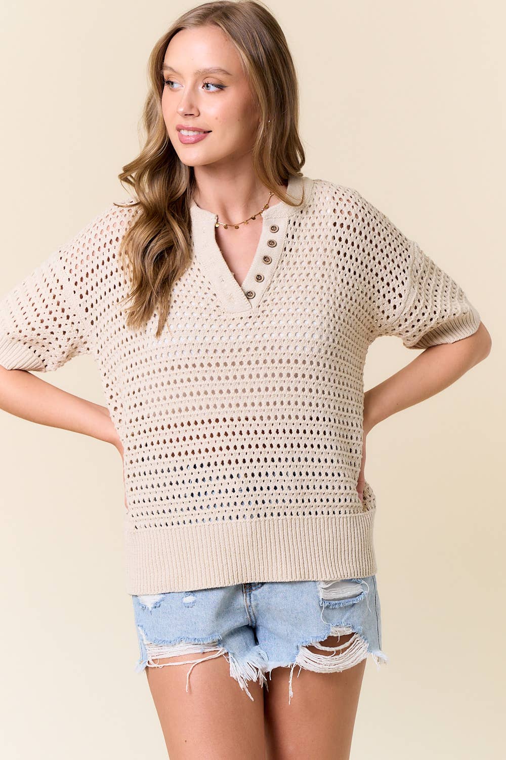 Button Up SS Crochet Top