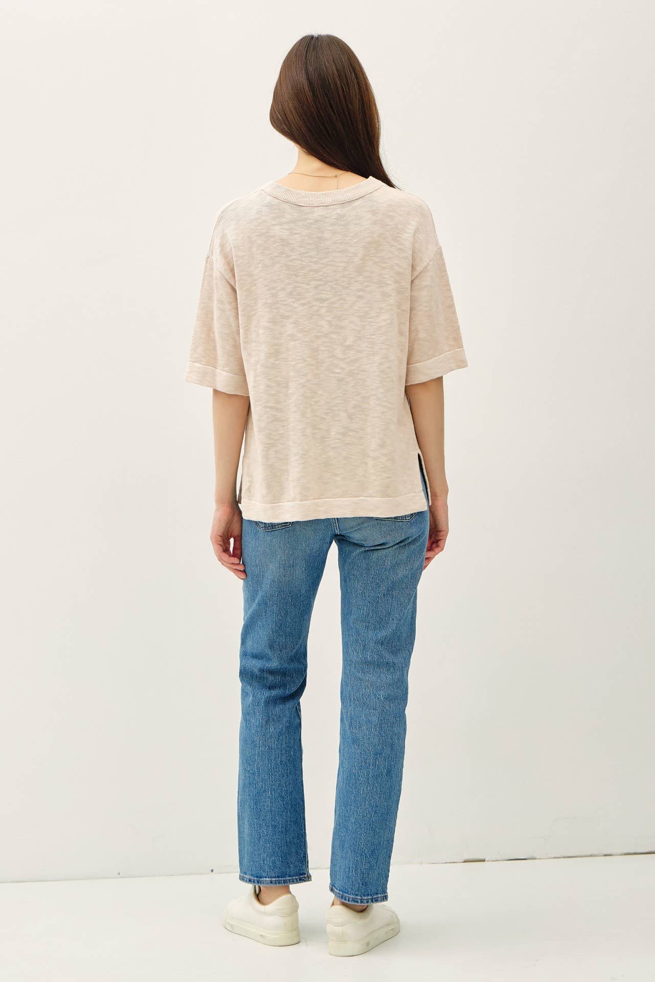 SHORT SLEEVE COTTON SLUB SWEATER TOP