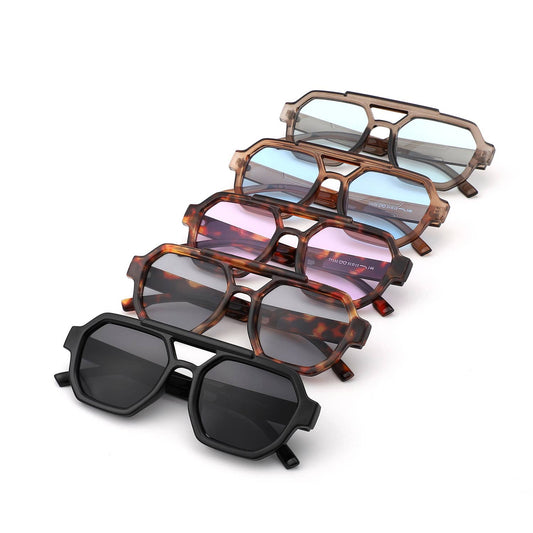 Square Geometric Block Aviator Brow-Bar Sunglasses