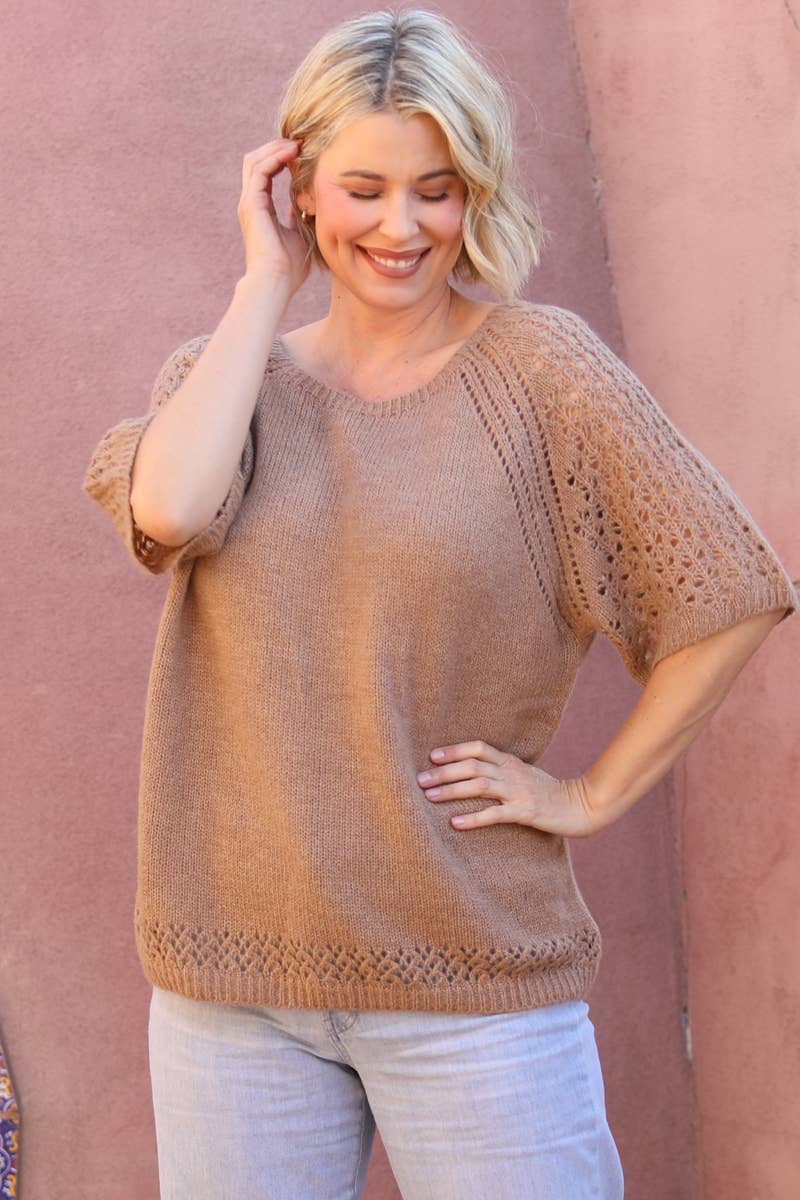 NHS73-ASIS OPEN KNIT SHORT SLEEVE PULLOVER SWEATER