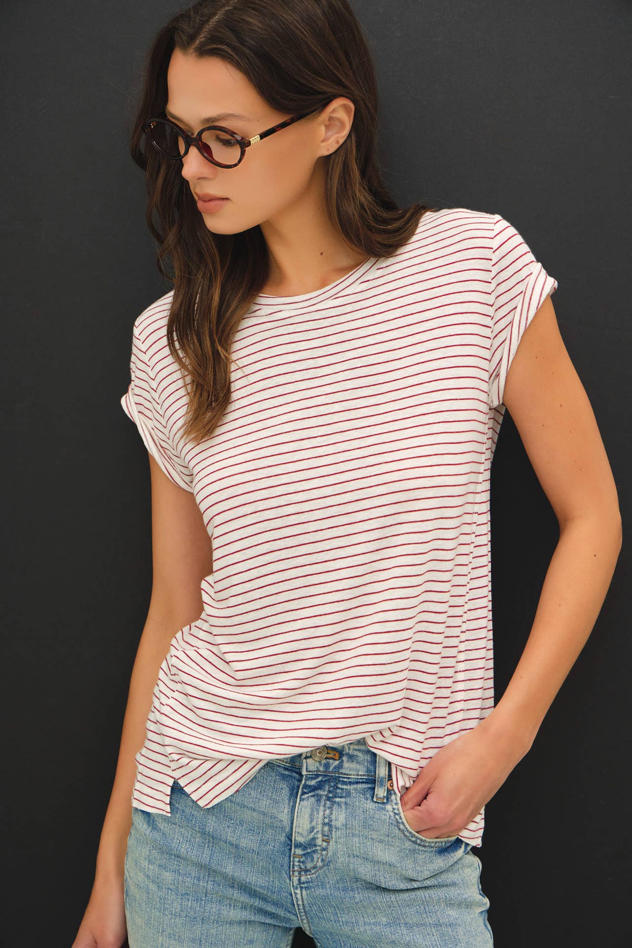LINEN BLENDED STRIPED RELAXED TEE