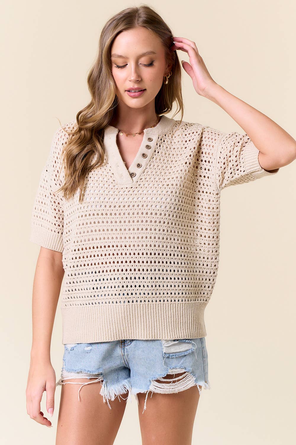 Button Up SS Crochet Top