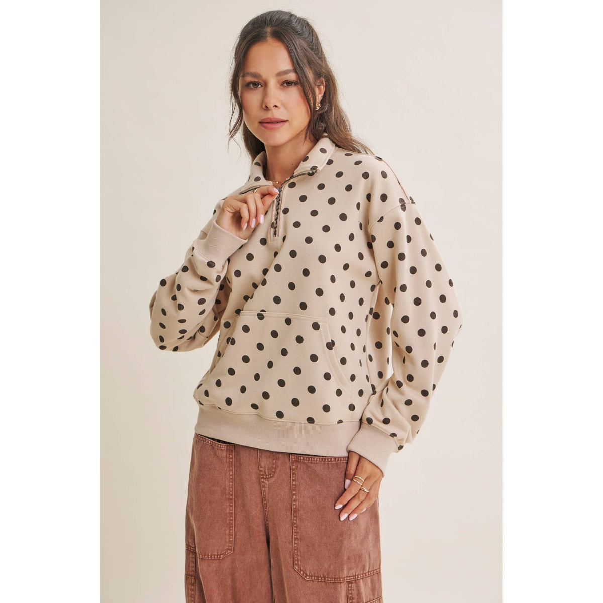 COFFE RUN PLAYFUL POLKA DOT HALF-ZIP FRENCH TERRY PULLOVER