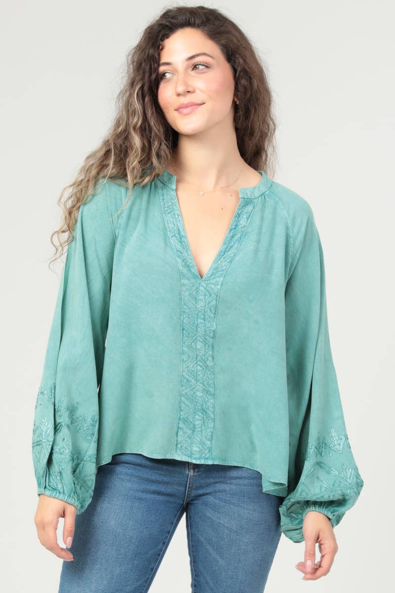 N2500-RY23 V NECK EMBROIDERED LONG SLEEVE BLOUSE