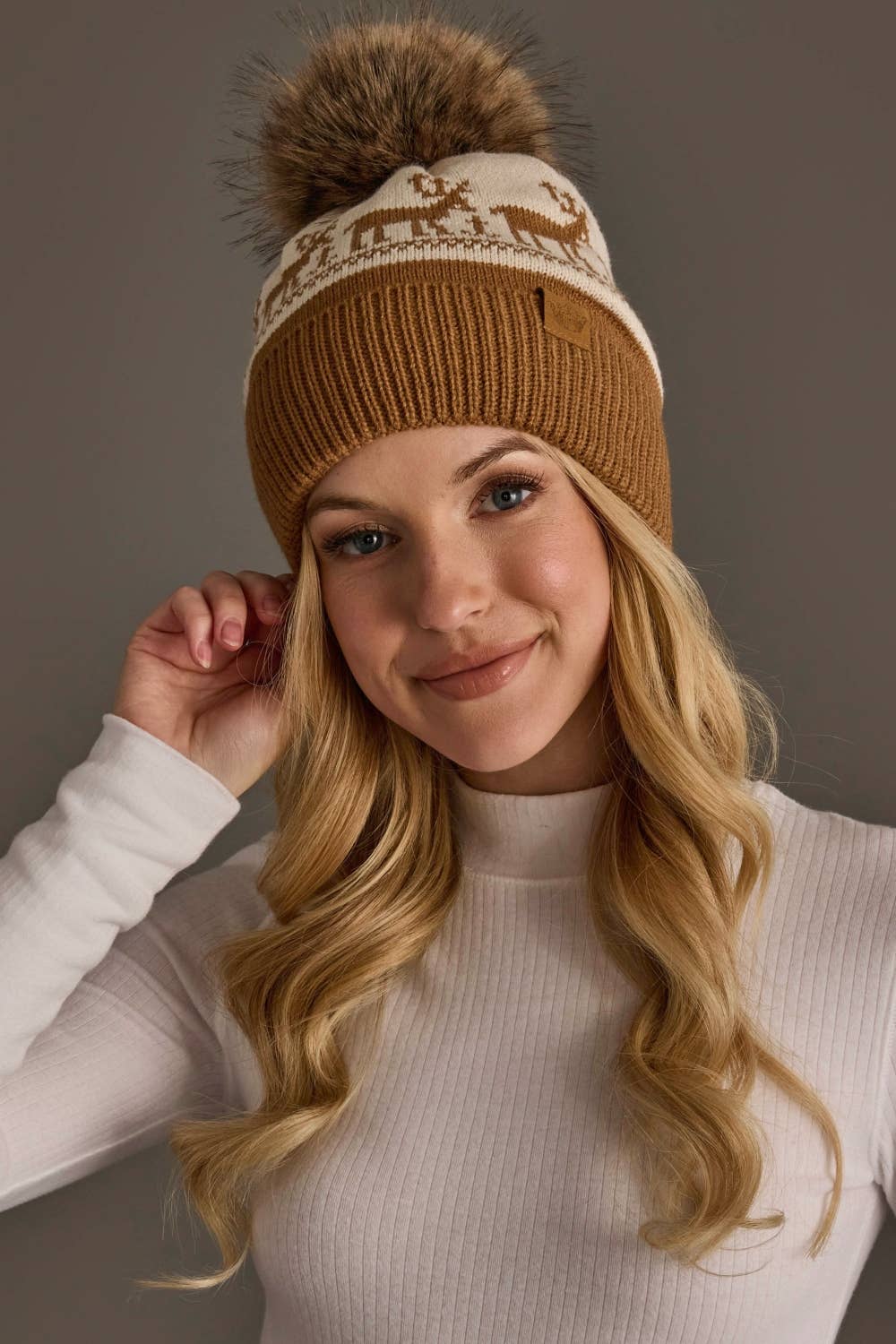 Camel & Beige Deer Patterned Pom Hat