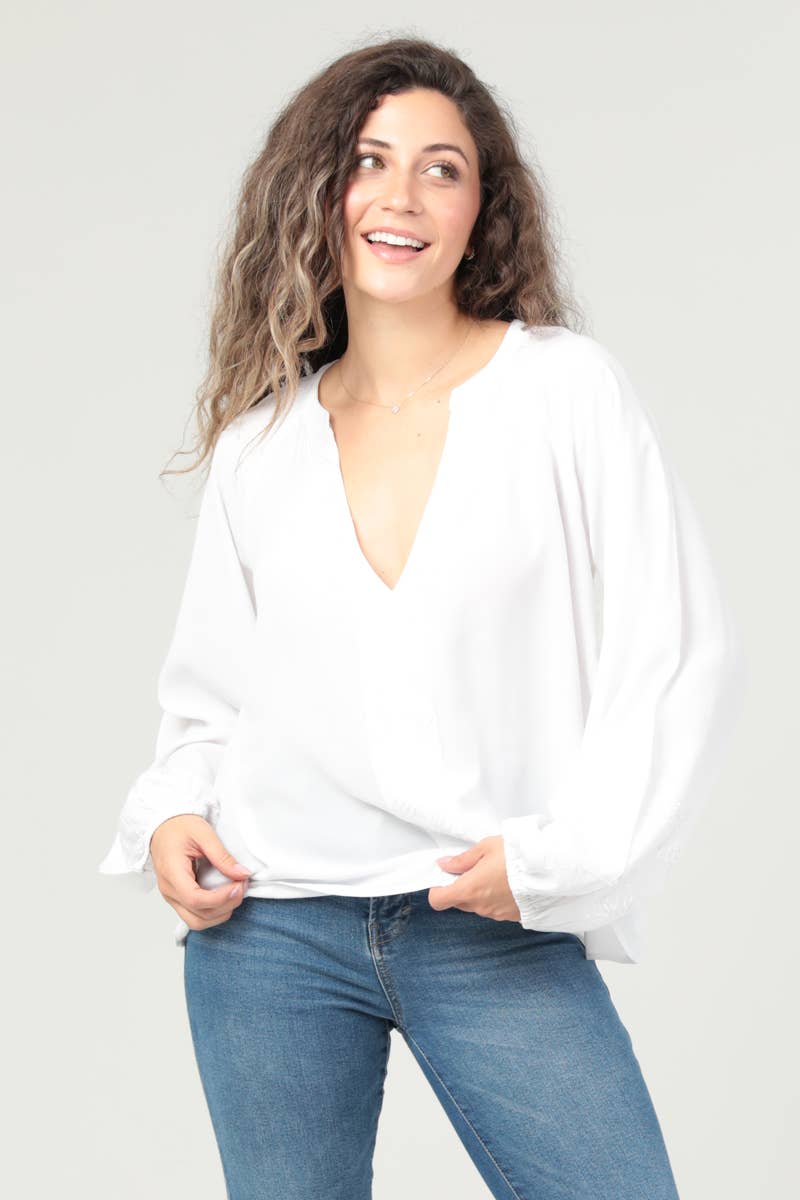 N2500-RY23 V NECK EMBROIDERED LONG SLEEVE BLOUSE