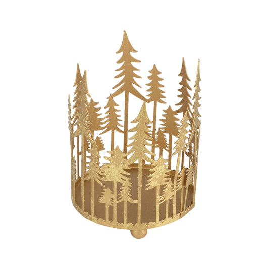 A42176: Gold foiled metal forest scene pillar holder,4.5in