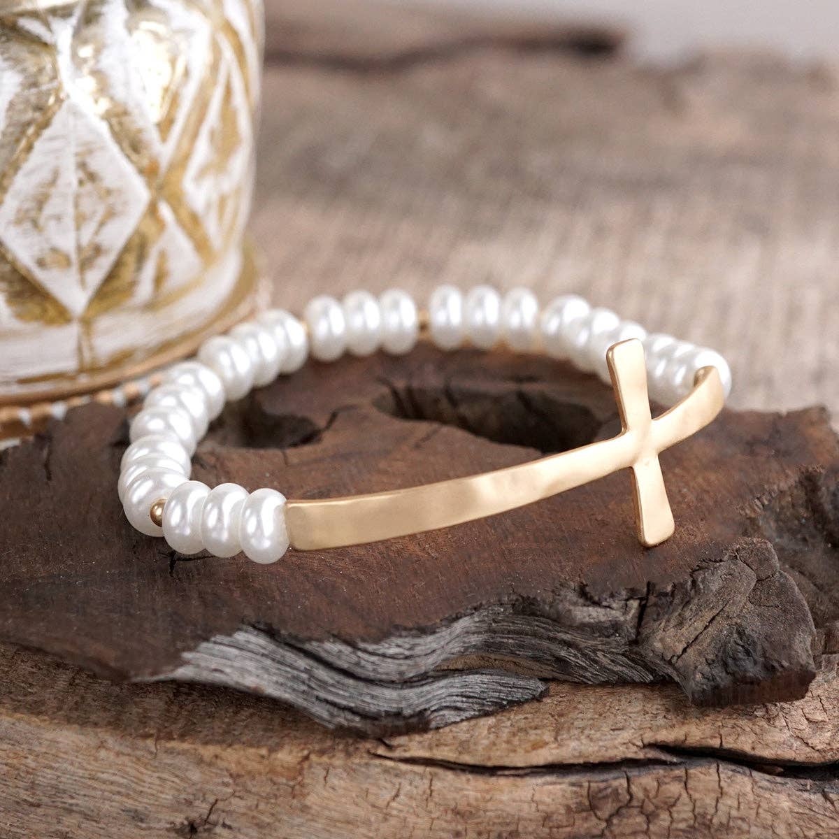 Rondelle Pearls Cross Bracelet – Faithful Pop