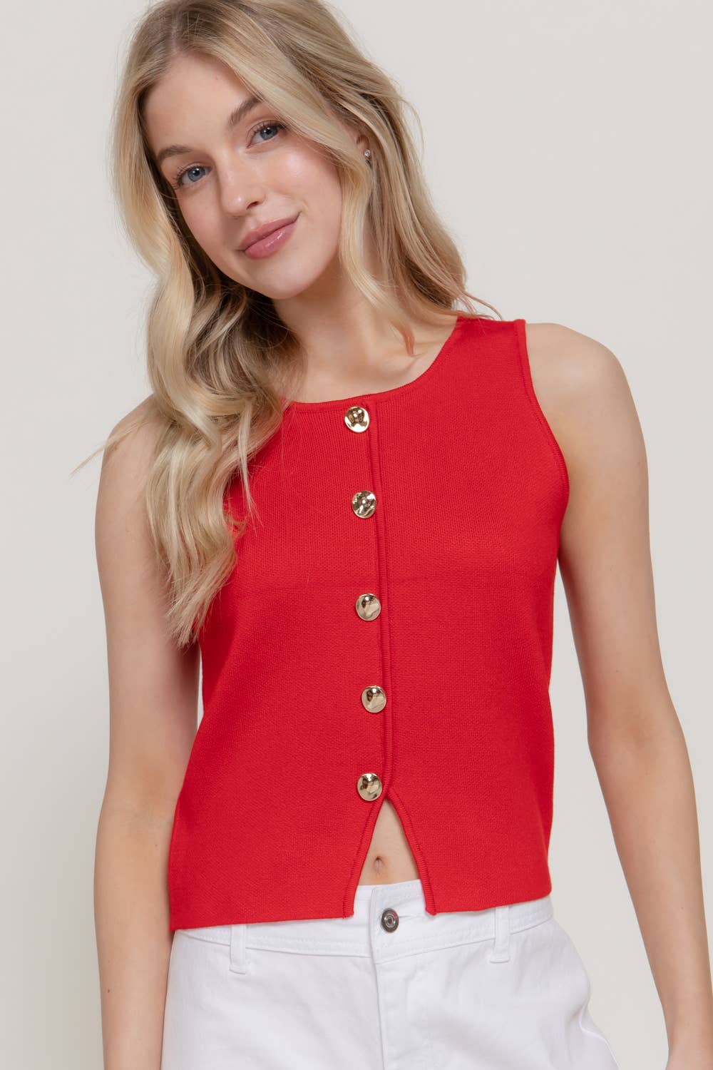 Sleeveless Crew Neck Button Down Sweater Top