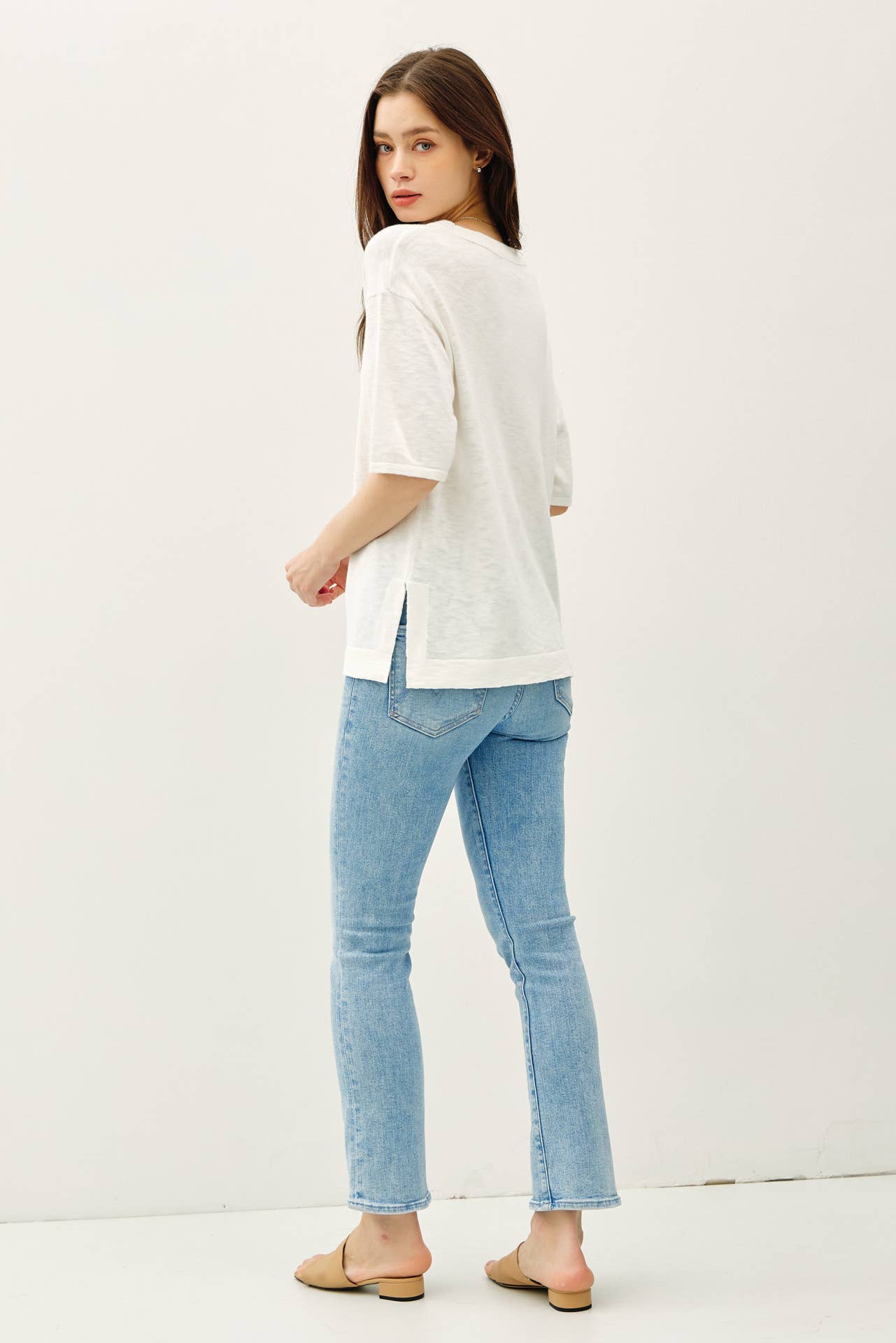 SHORT SLEEVE COTTON SLUB SWEATER TOP