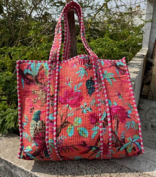 Bird Printed Tote Bag Quilted Cotton Shoulder Bag Jhola Bags