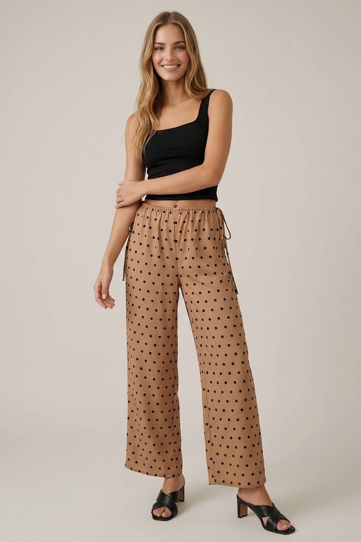 POLKA DOT SIDE CUT OUT ELASTIC PANTS - 8972P