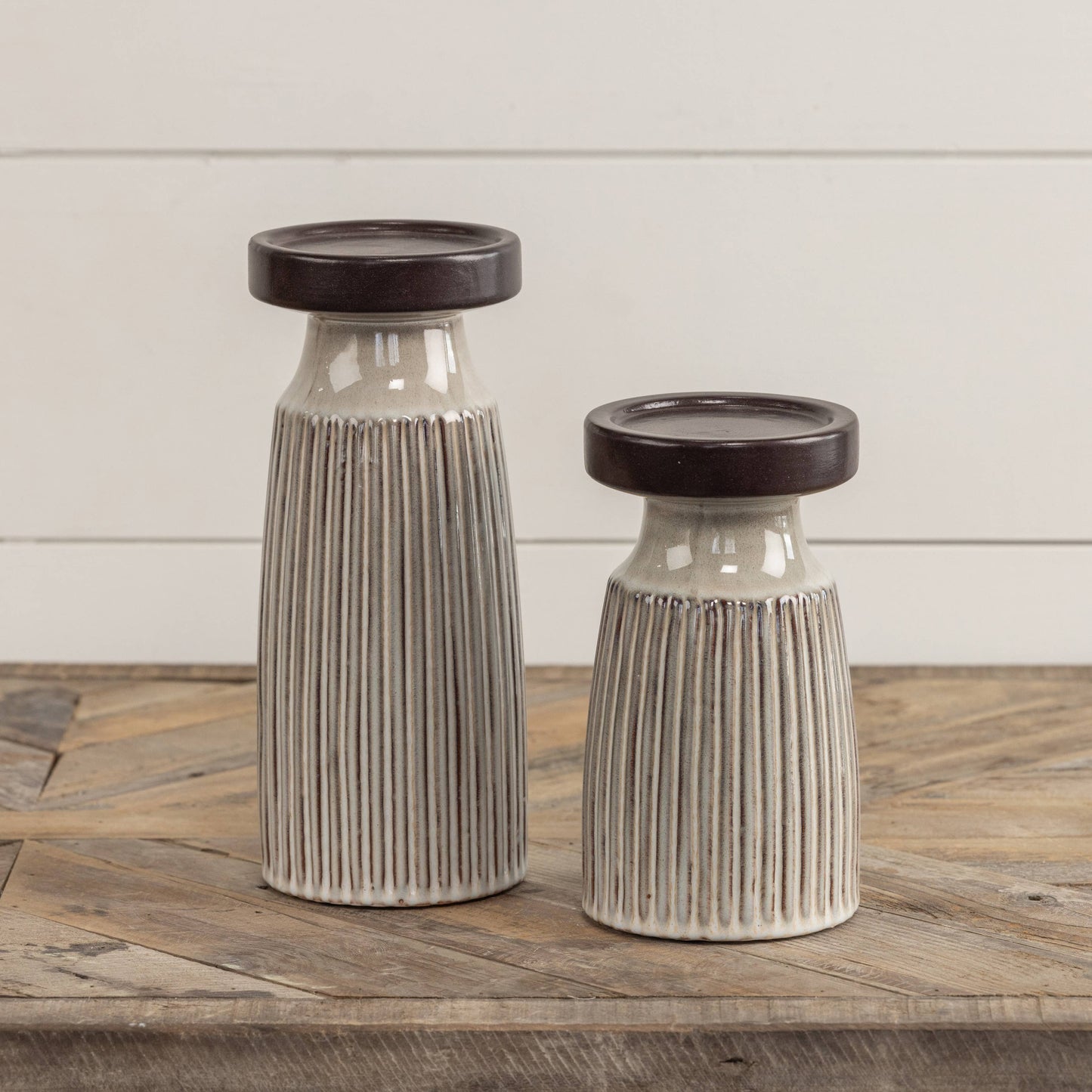9.75" BEIGE & BROWN PILLAR CANDLE HOLDER