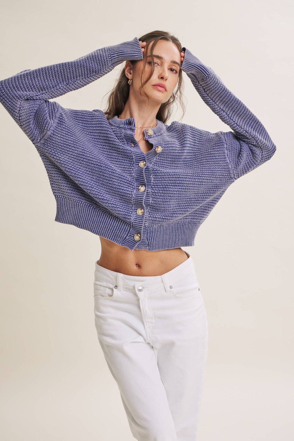 SEASONLESS MINERAL-WASHED COTTON WAFFLE BUTTON-DOWN CARDIGAN
