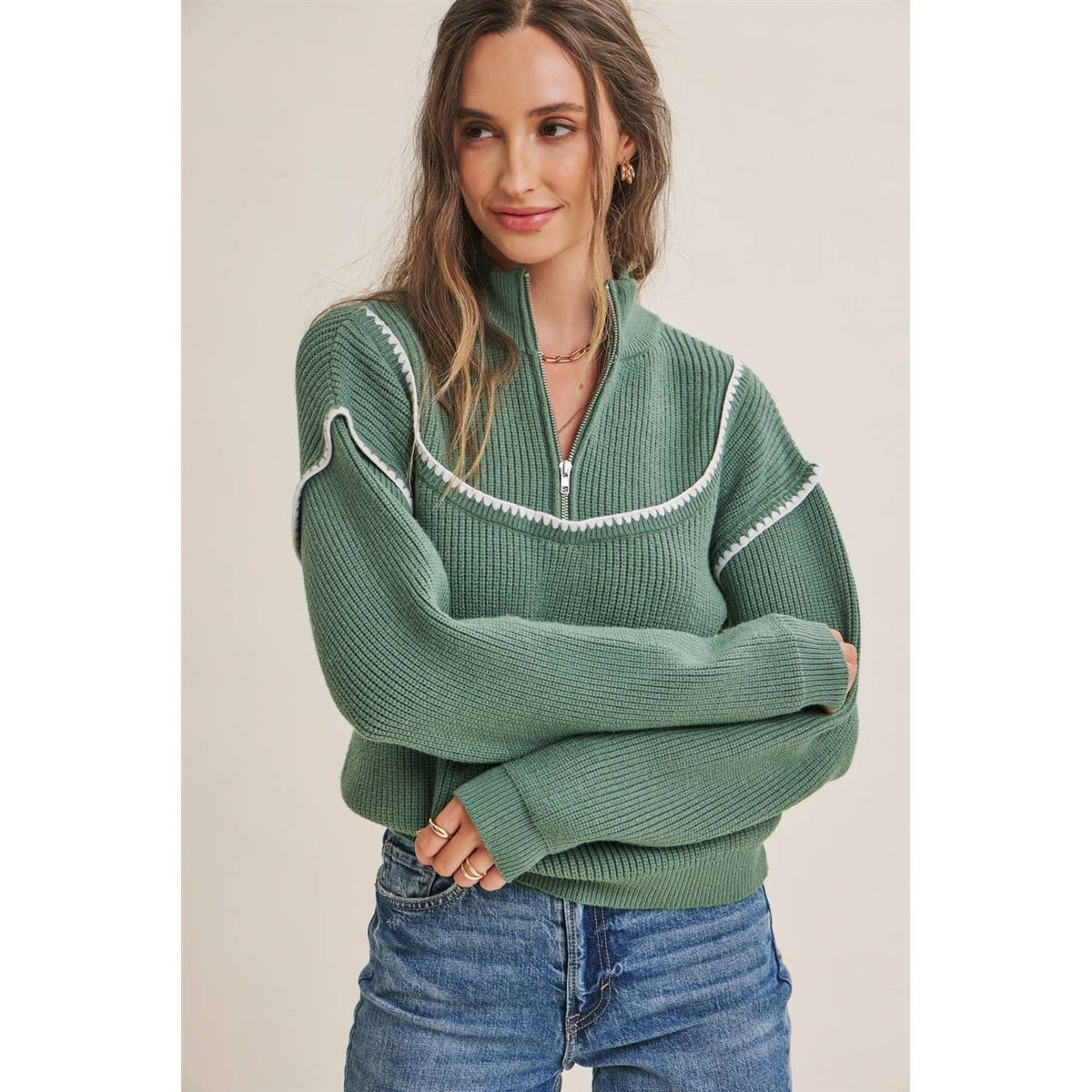 CABIN AIR CONTRAST WHIPSTITCH EMBROIDERY HALF ZIP SWEATER