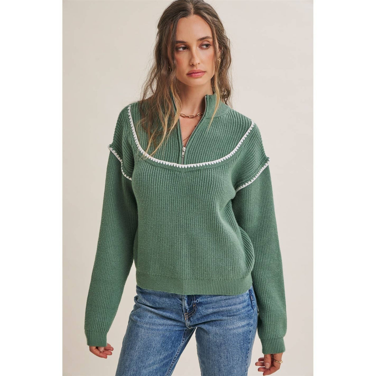 CABIN AIR CONTRAST WHIPSTITCH EMBROIDERY HALF ZIP SWEATER
