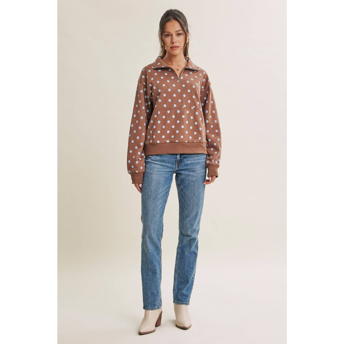 COFFE RUN PLAYFUL POLKA DOT HALF-ZIP FRENCH TERRY PULLOVER