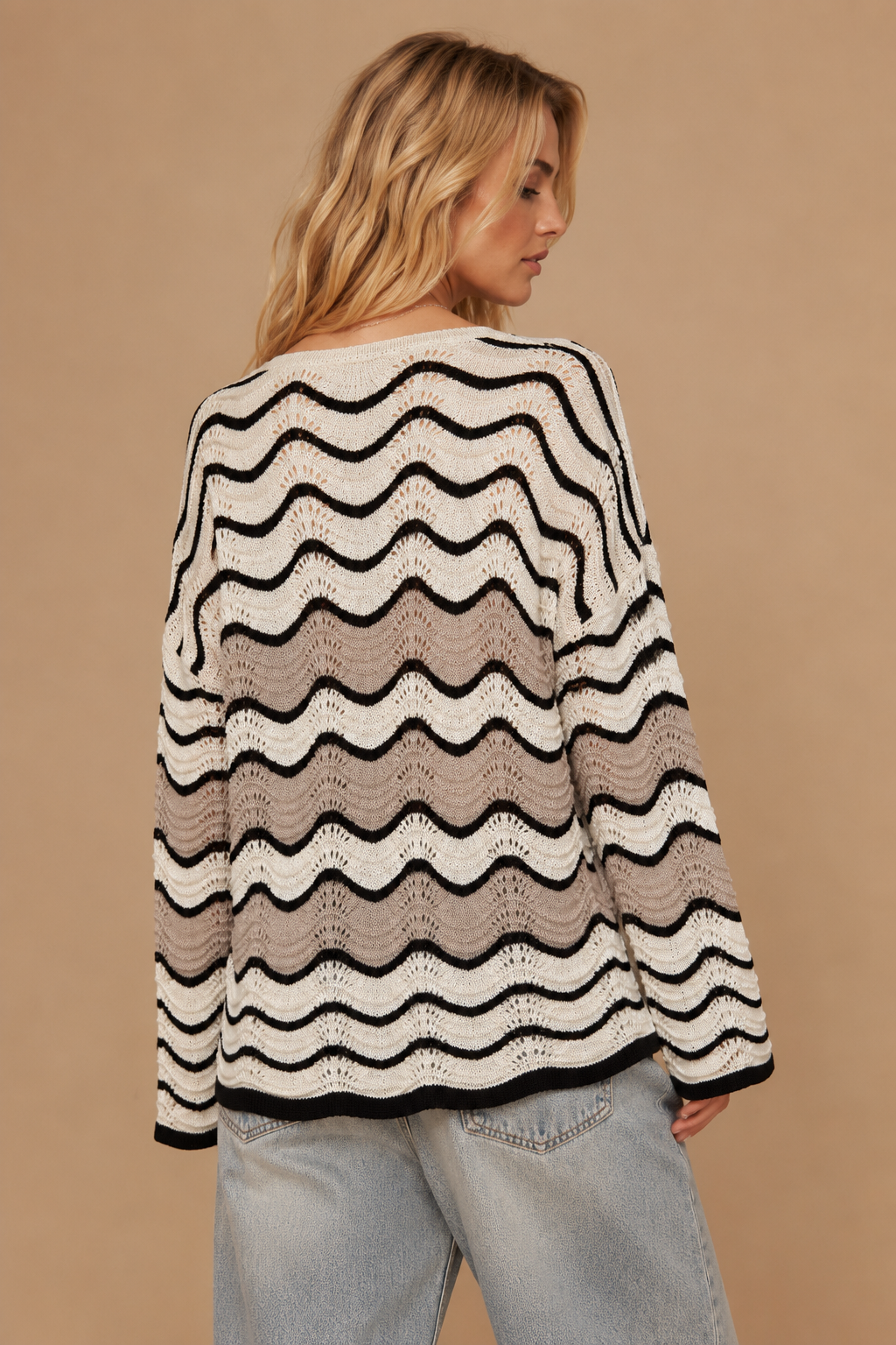 Wave Pattern Pointelle Knit Sweater