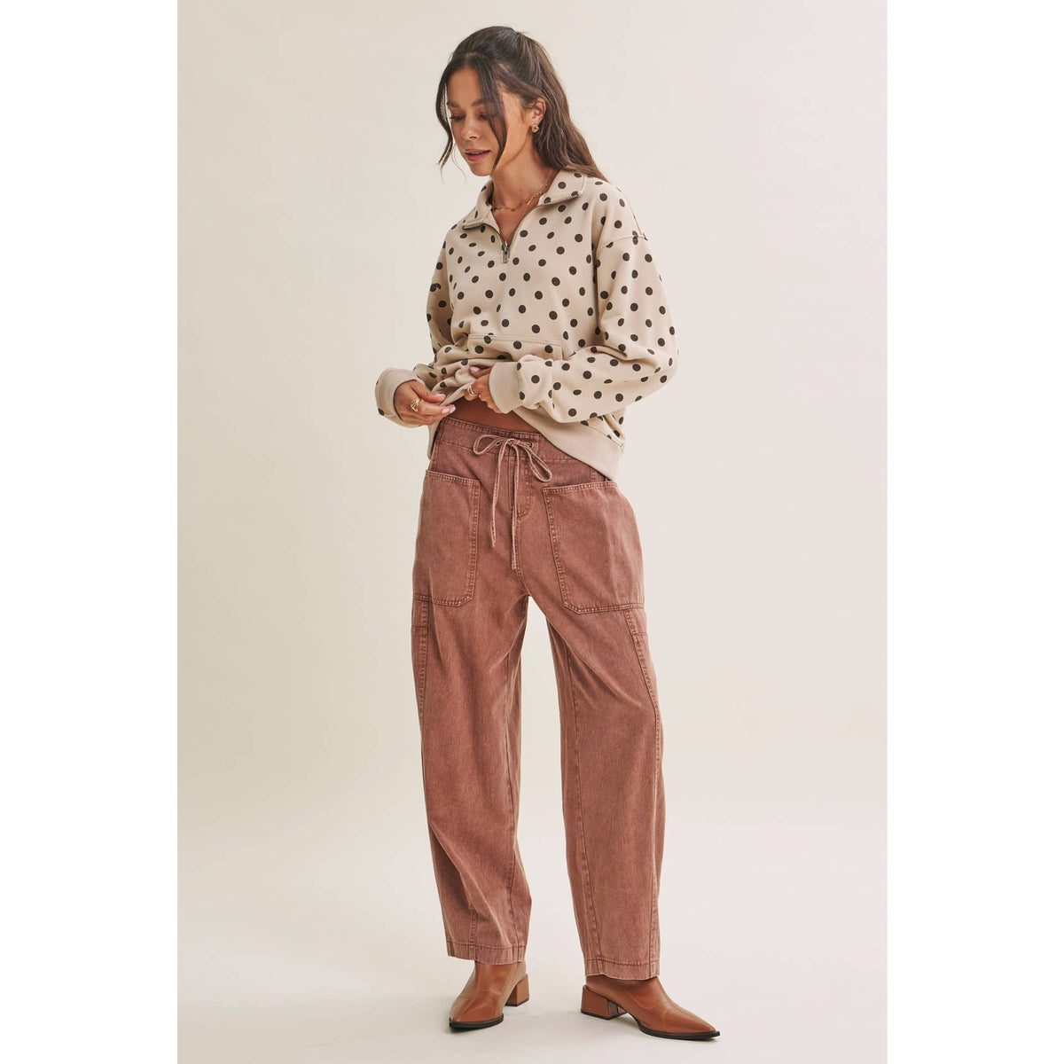 COFFE RUN PLAYFUL POLKA DOT HALF-ZIP FRENCH TERRY PULLOVER