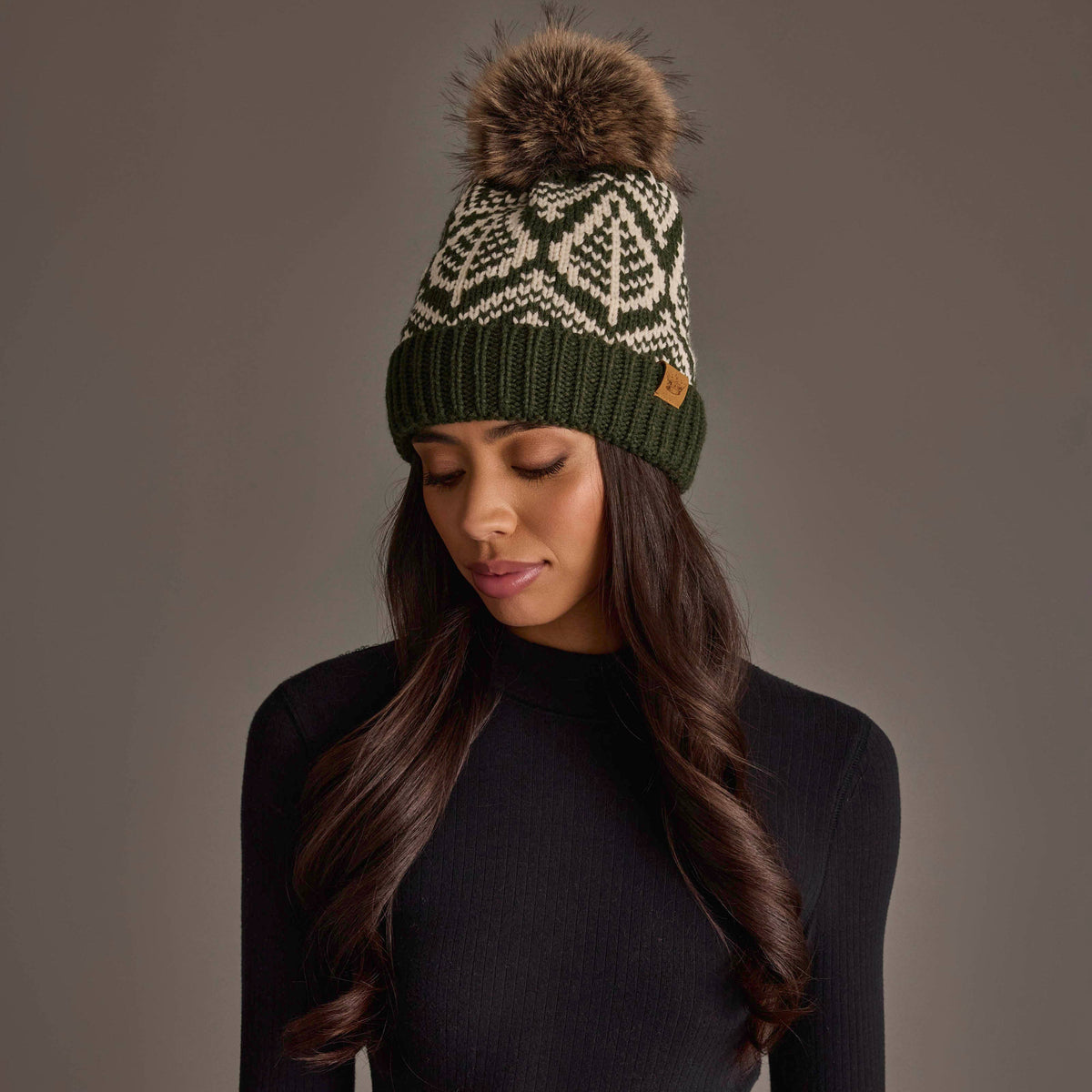 Olive & Beige Patterned Knit Pom Hat
