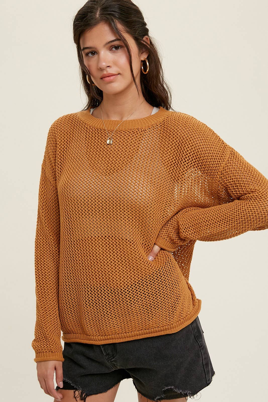 CROCHET LIGHTWEIGHT SWEATER WITH RAW EDGE DETAIL / WL22-7092