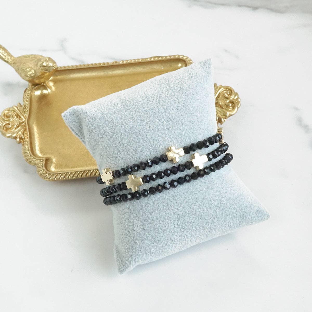 Glass & Gold Cross Bracelet Stack