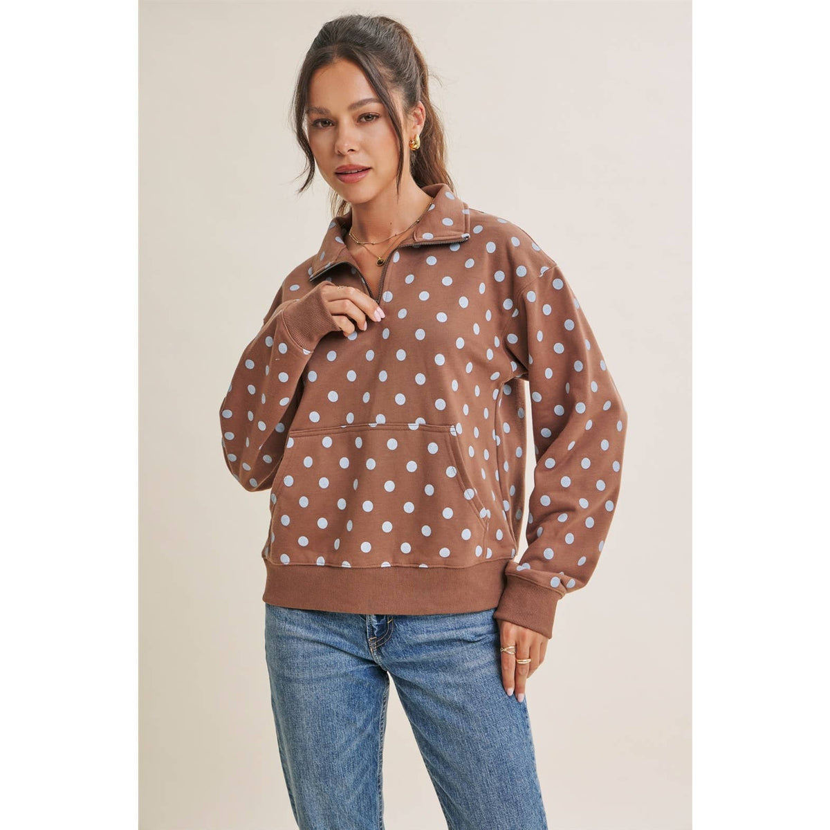 COFFE RUN PLAYFUL POLKA DOT HALF-ZIP FRENCH TERRY PULLOVER