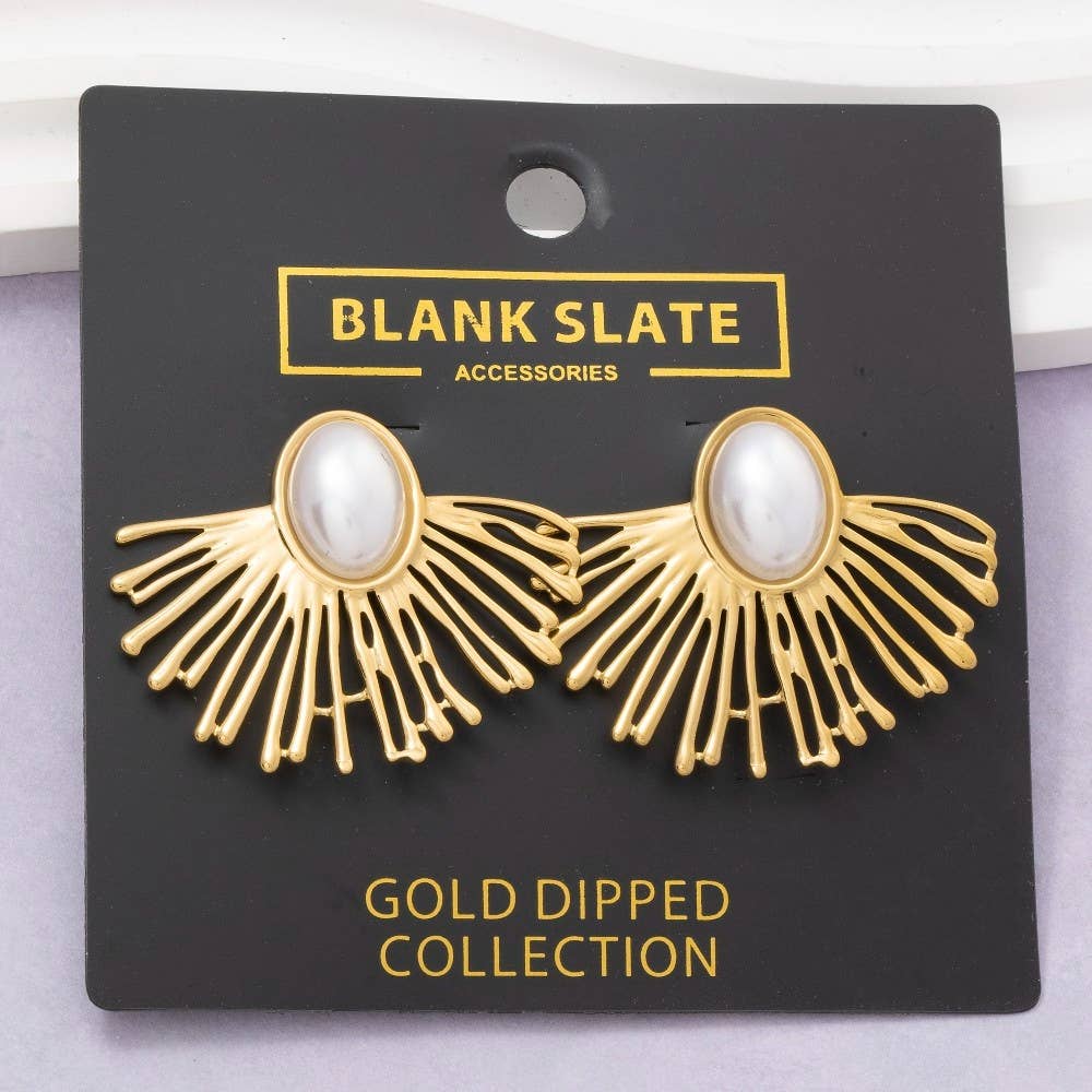 Gold Dipped Pearl Center Fan Ray Stud Earrings