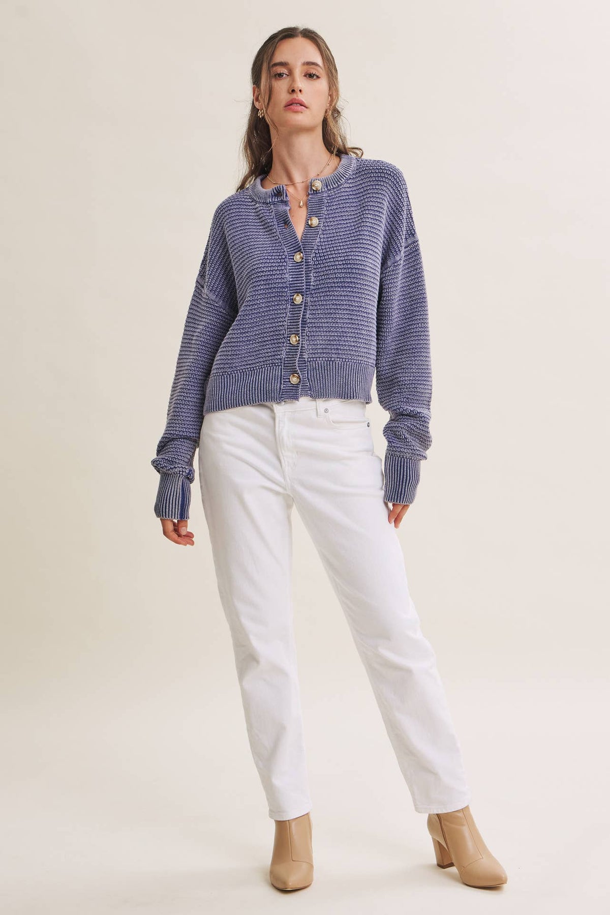SEASONLESS MINERAL-WASHED COTTON WAFFLE BUTTON-DOWN CARDIGAN
