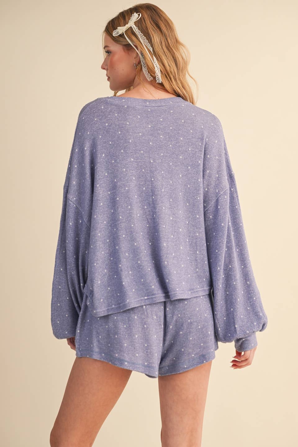 Polka Dot Print Hacci Long Sleeve Crewneck Top