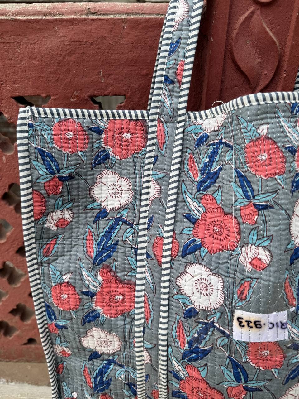 Grocery Bag Quilted Cotton Shopping Block Print Bag Tote Bag