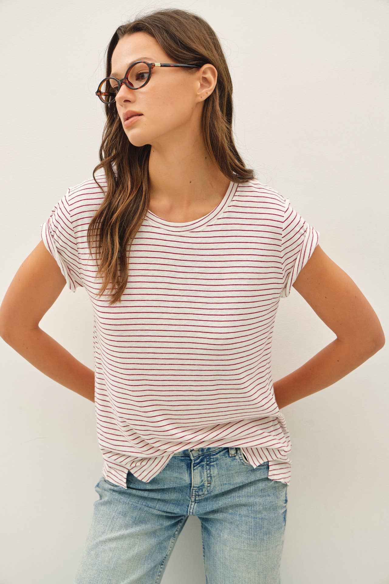 LINEN BLENDED STRIPED RELAXED TEE
