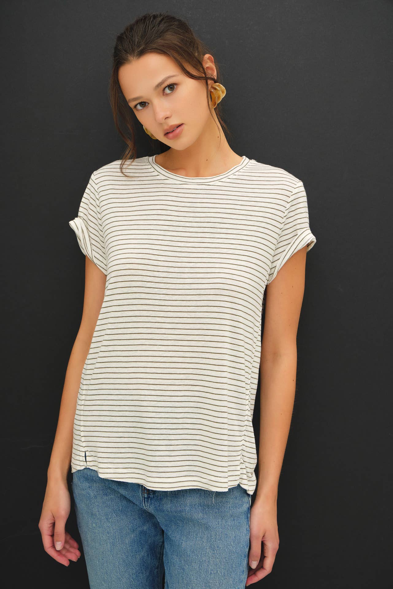LINEN BLENDED STRIPED RELAXED TEE