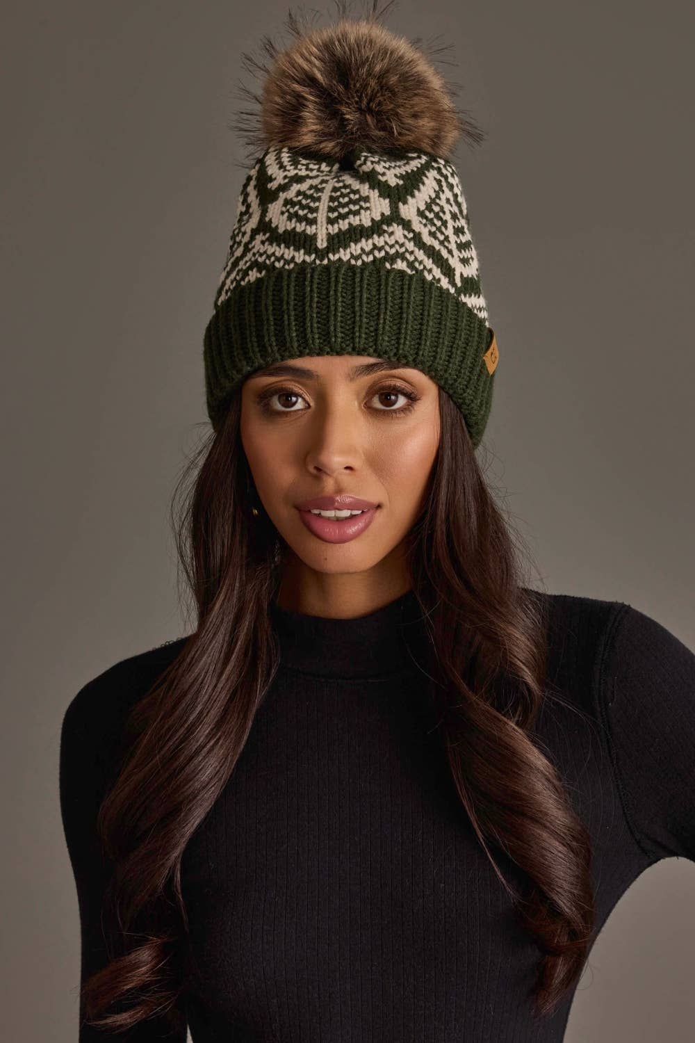 Olive & Beige Patterned Knit Pom Hat