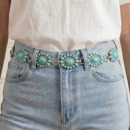 Western Turquoise Stone Bead Concho Disc Chain Belt