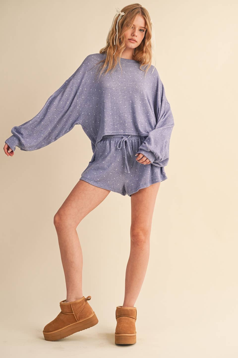 Polka Dot Print Hacci Long Sleeve Crewneck Top