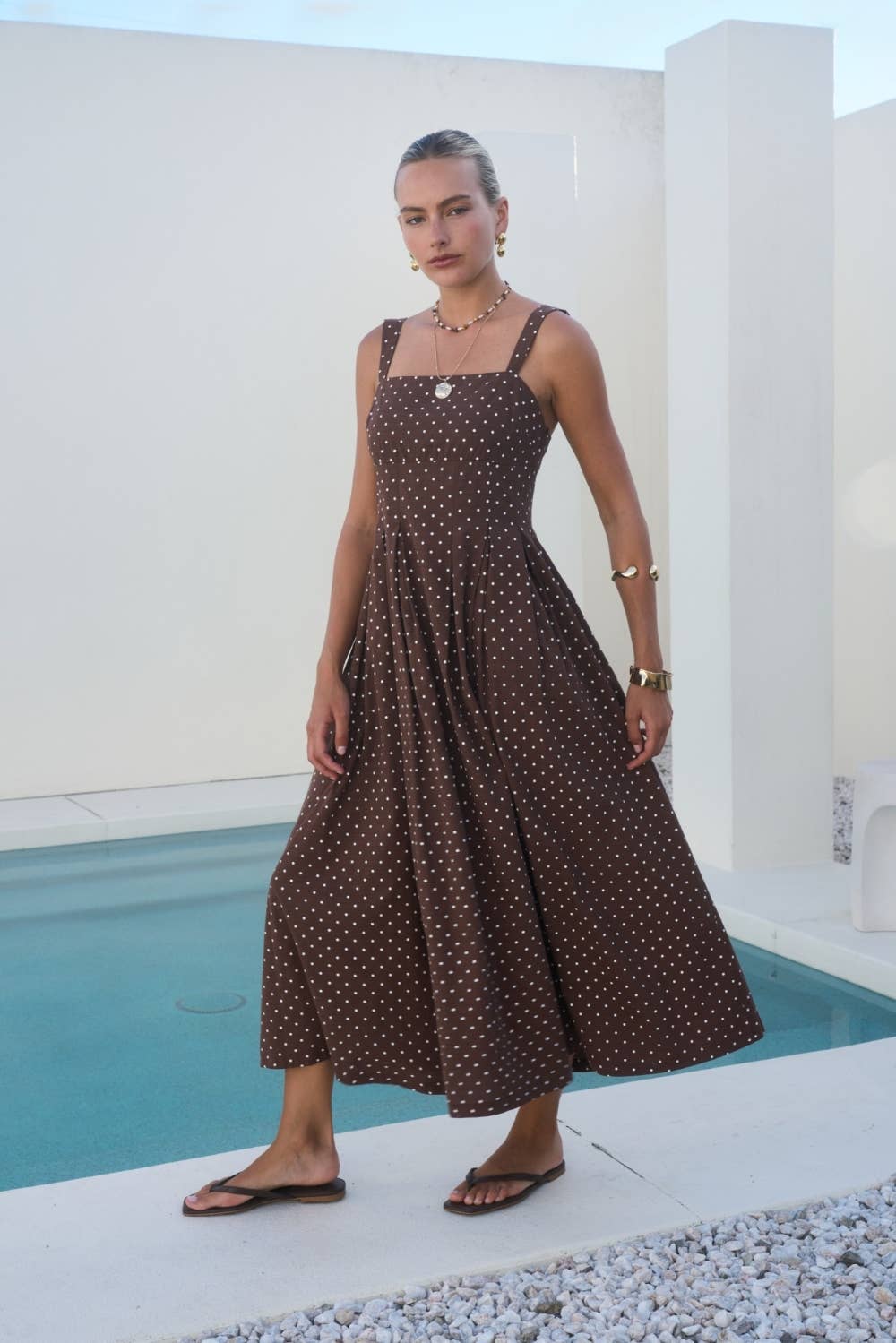 Polly Polka Square Neck Midi Dress