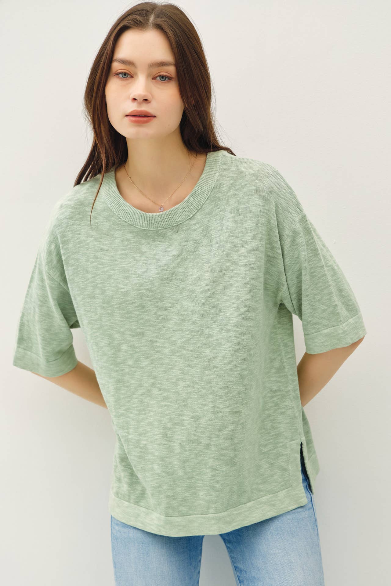SHORT SLEEVE COTTON SLUB SWEATER TOP