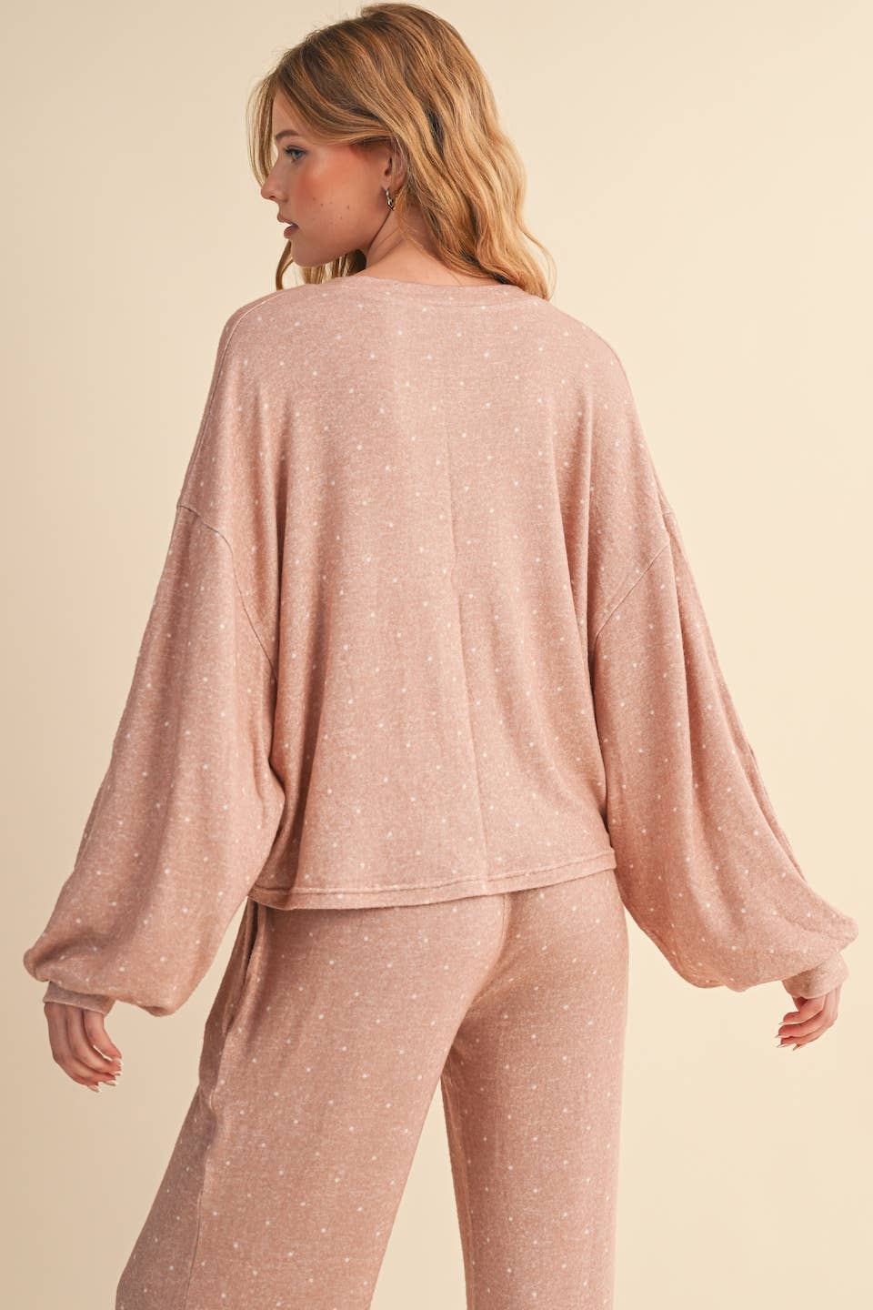 Polka Dot Print Hacci Long Sleeve Crewneck Top
