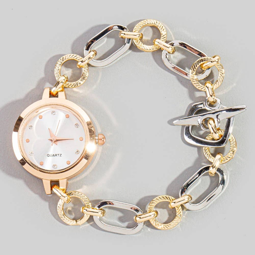Two Tone Toggle Chain Round Bracelet Watch