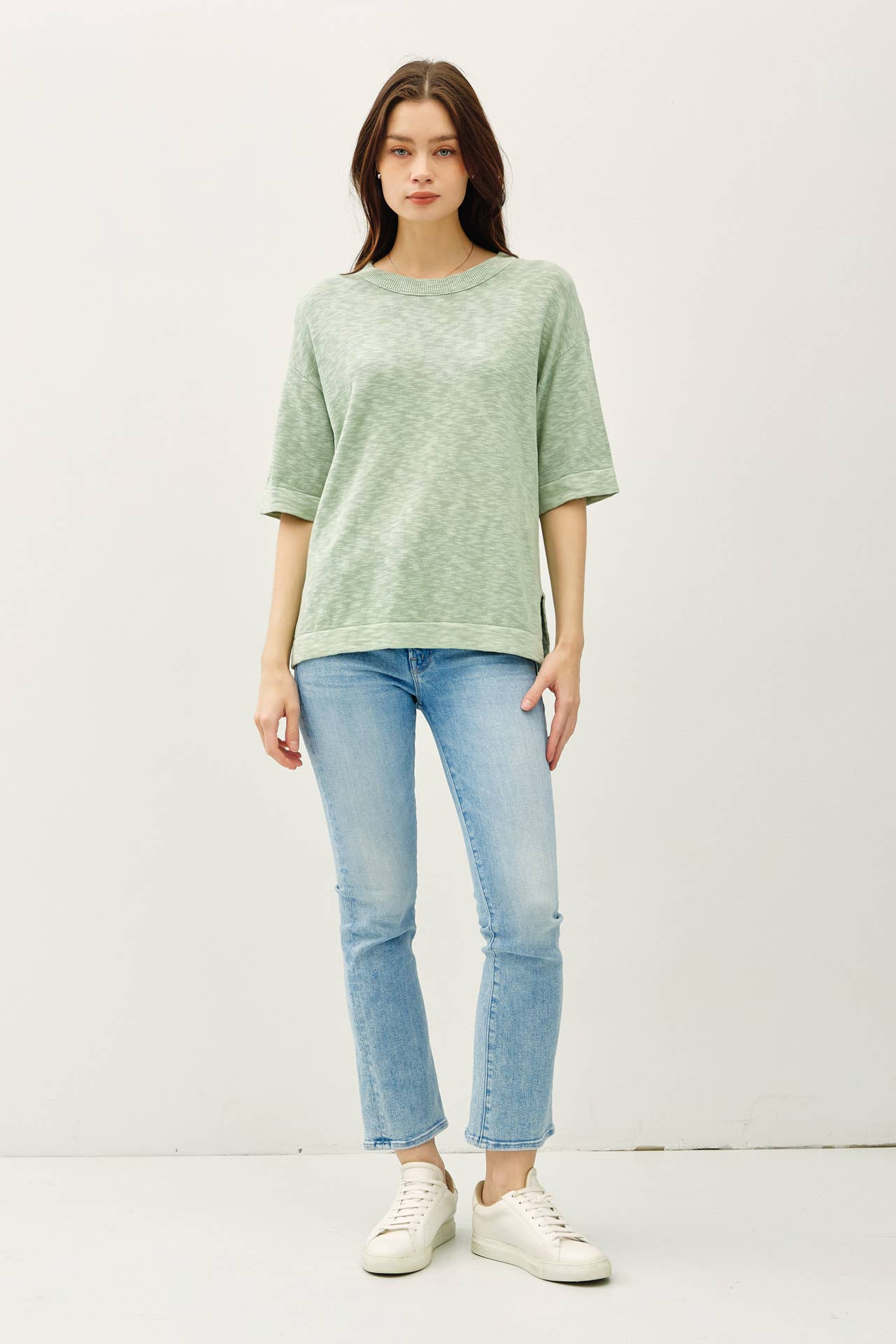 SHORT SLEEVE COTTON SLUB SWEATER TOP