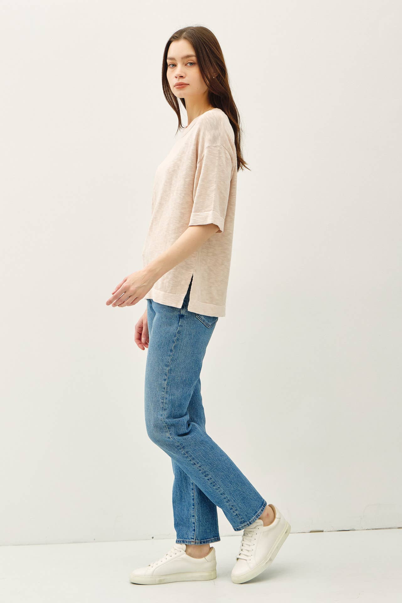 SHORT SLEEVE COTTON SLUB SWEATER TOP