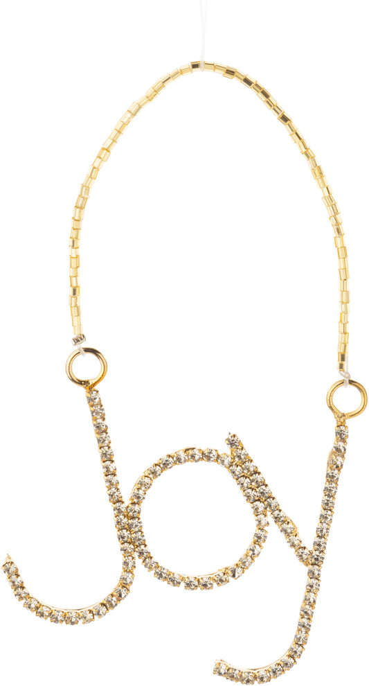A80435: Brilliant cut clear rhstone,gld mtl JOY word orn,3in