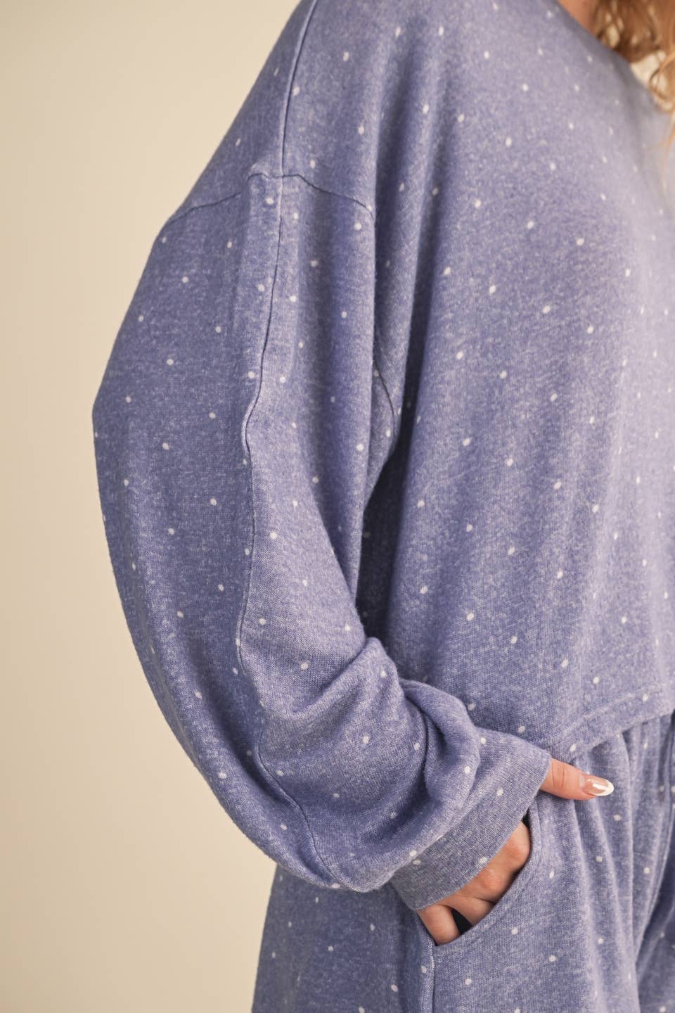 Polka Dot Print Hacci Long Sleeve Crewneck Top
