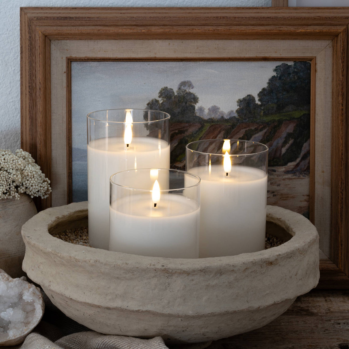 Flameless LED Hurricane Glass Candles - White and Amber