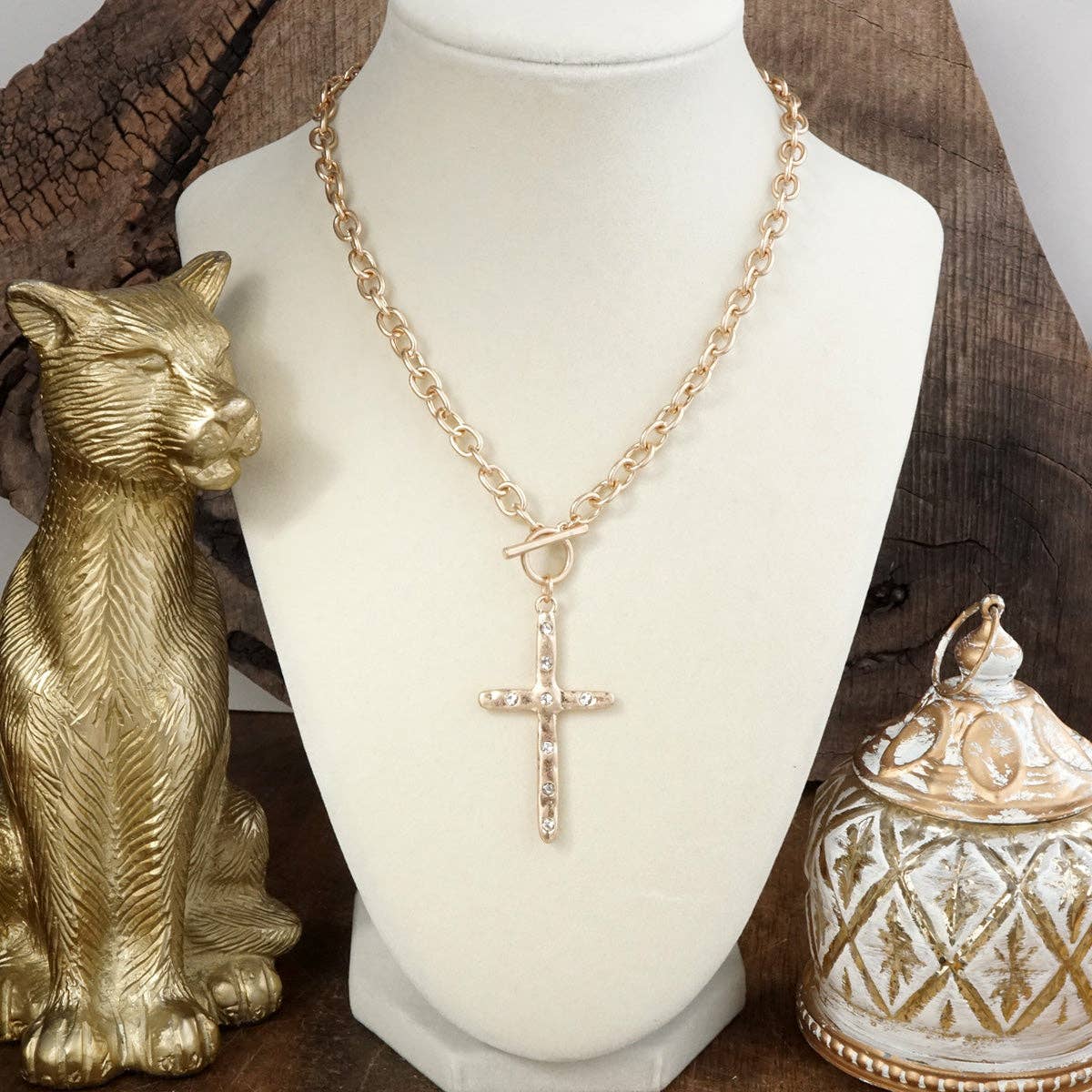 Divine Simplicity – Hammered Cross Front Toggle Necklace