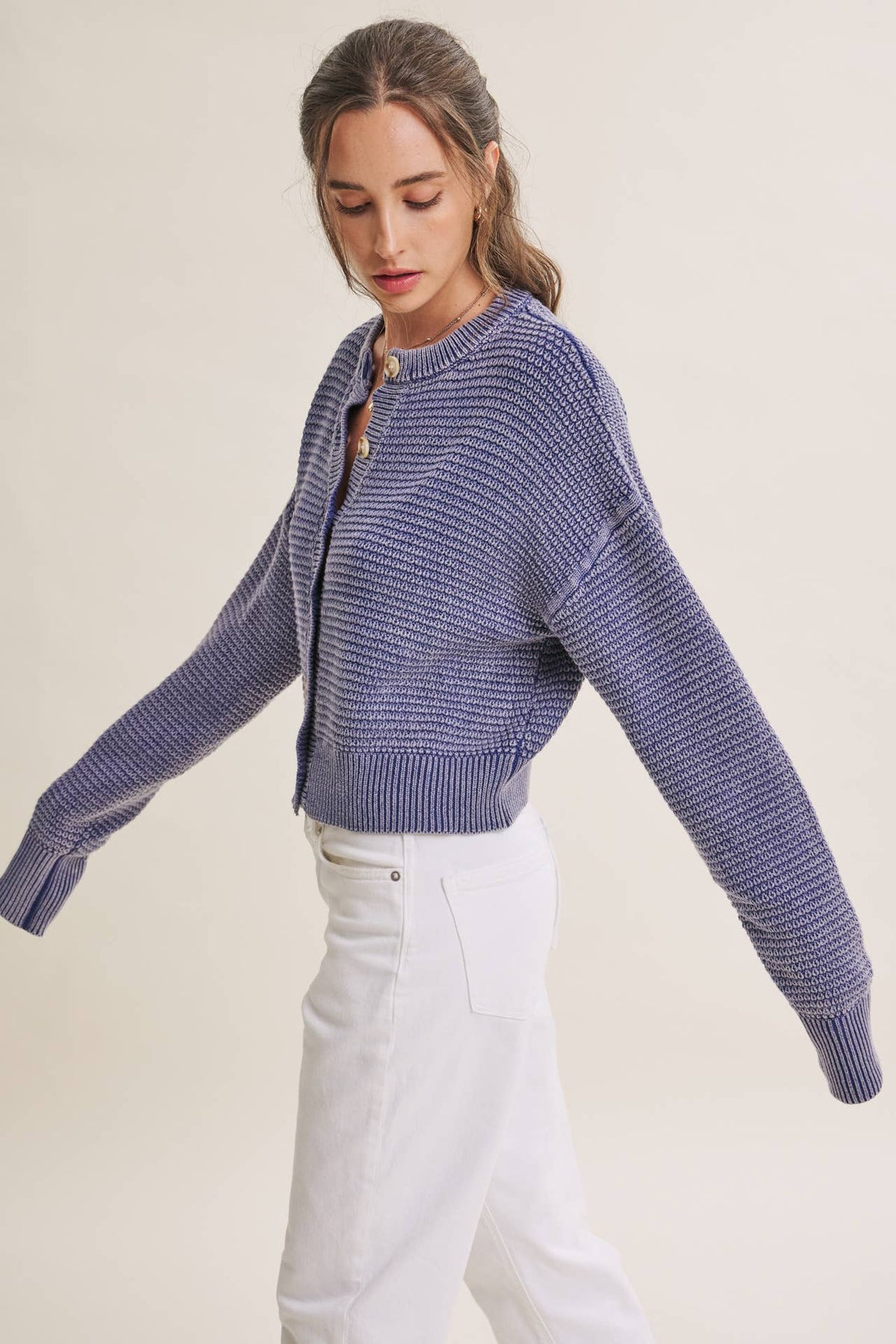 SEASONLESS MINERAL-WASHED COTTON WAFFLE BUTTON-DOWN CARDIGAN
