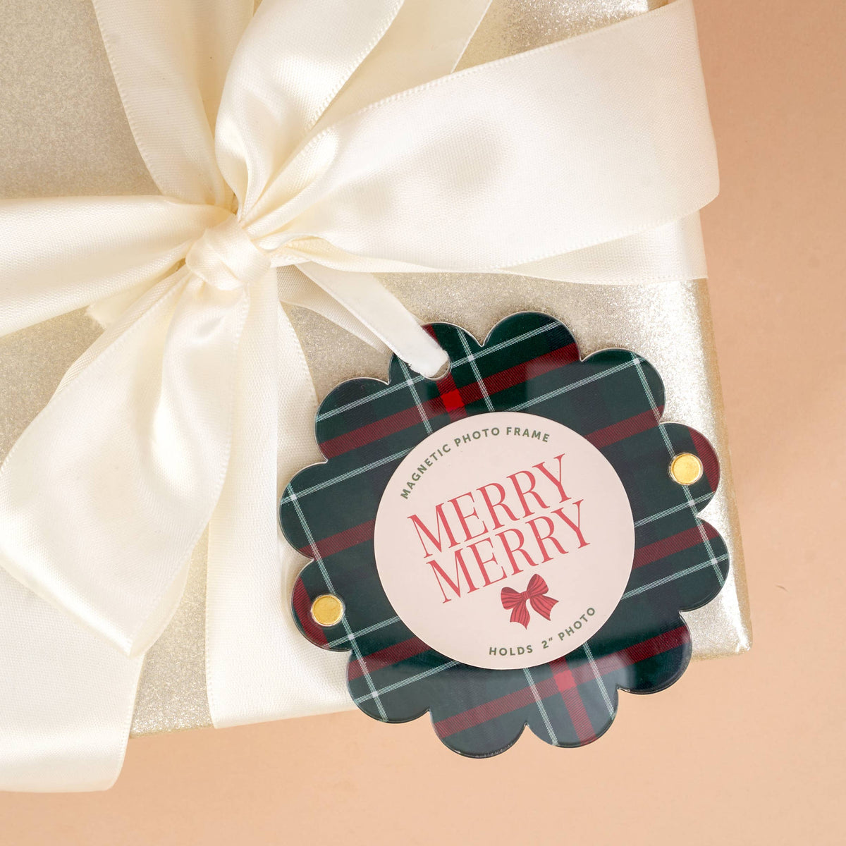 Scalloped Round Picture Frame Ornament-Evergreen Plaid
