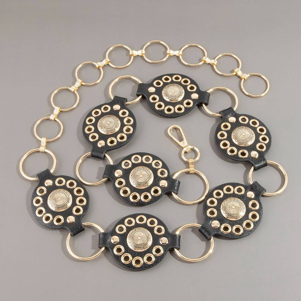 Gold Concho Ring Leather Chain Belt